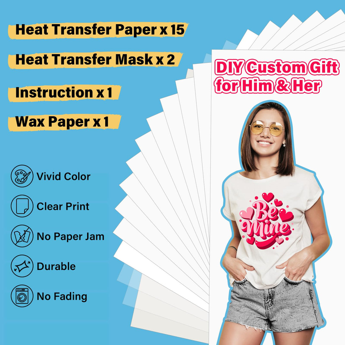 TECKWRAP Printable Heat Transfer Paper for T-Shirts 15 Sheets, 8.3" X 11.7" Printable Heat Transfer Vinyl for Inkjet Printer, Iron on Transfer Paper for Light and Dark Fabric (Matte White)