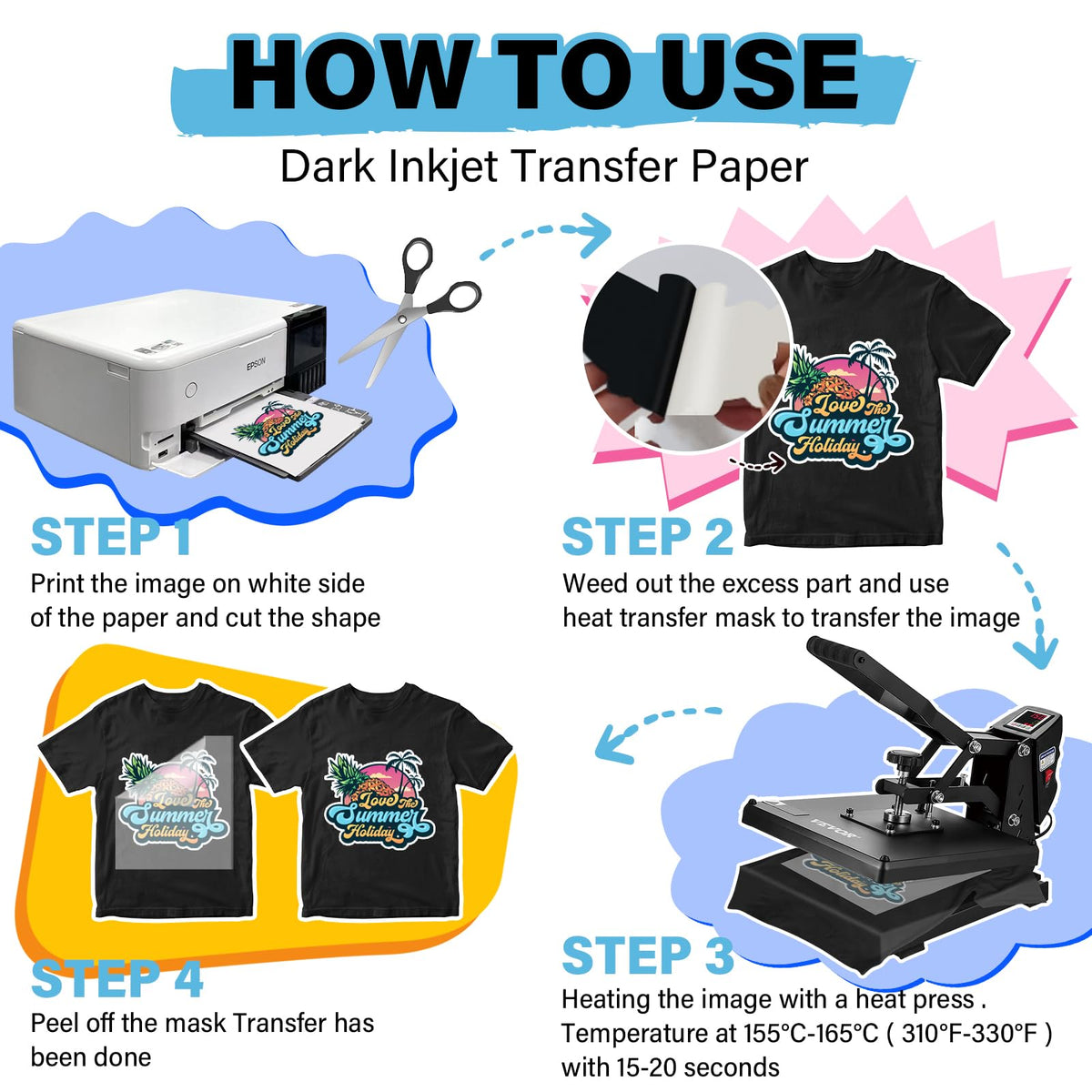 TECKWRAP Printable Heat Transfer Paper for T-Shirts 15 Sheets, 8.3" X 11.7" Printable Heat Transfer Vinyl for Inkjet Printer, Iron on Transfer Paper for Light and Dark Fabric (Matte White)