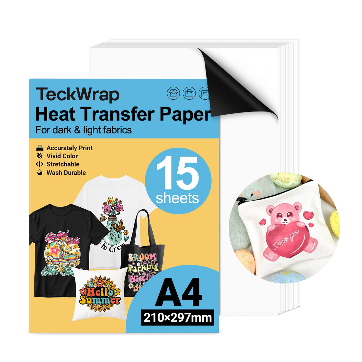 TECKWRAP Printable Heat Transfer Paper for T-Shirts 15 Sheets, 8.3" X 11.7" Printable Heat Transfer Vinyl for Inkjet Printer, Iron on Transfer Paper for Light and Dark Fabric (Matte White)